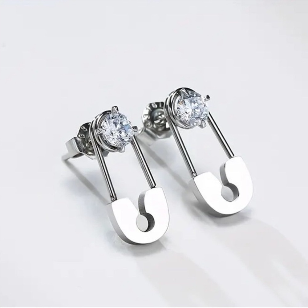 Sparkling Safety Pin Silver Stud Dainty Earrings, NWWT